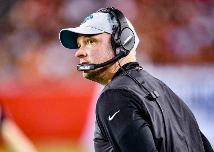 Nathaniel Hackett on the sideline during his time as Jaguars offensive coordinator